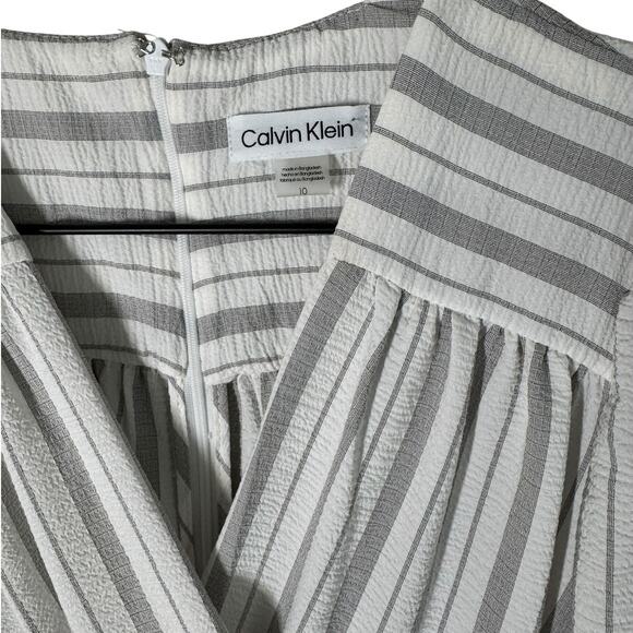 Calvin Klein White Gray Striped Faux Wrap Crepe Midi Dress 10 Classic Work - Picture 3 of 7